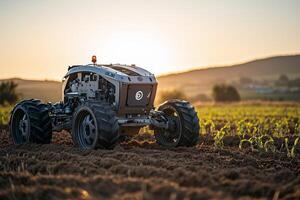 a robotic tractor autonomously working in a field, planting crops with precision, while the sun rises over a rural landscape photo