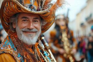 musicians in traditional attire marching alongside giant figures in the Fete des Geants parade, historic architecture in the background, warm daylight enhancing the vibrant scene photo