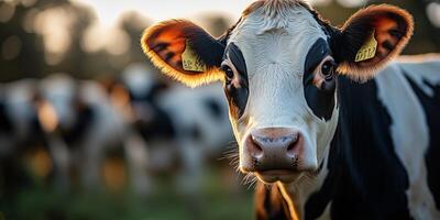 cows wearing health monitoring collars, standing in a modern robotic barn, ventilation fans and smart equipment visible photo