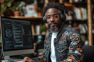 a modern tutor hosting an online class, wearing headphones and speaking into a microphone photo