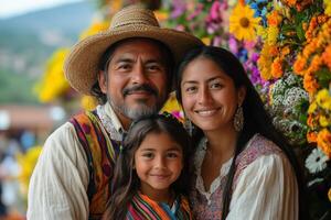 a family enjoying Feria de las Flores, dressed in traditional Colombian attire, posing in front of a colorful floral display, with a sunny plaza in the background photo