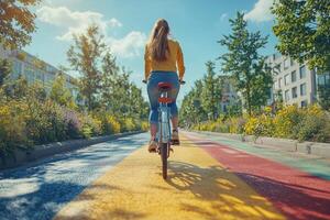 a young woman riding a bicycle on a colorful, newly designed bike path in a bustling city center, surrounded by greenery and contemporary architecture photo
