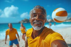 a team of adults playing volleyball on the beach, showing active and joyful expressions, with clear blue skies and ocean waves in the background photo