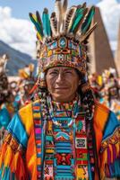 a traditional Inti Raymi parade, participants in vibrant Andean costumes, ornate headdresses, and colorful robes, surrounded by ancient Inca architecture, dramatic sunlight highlighting photo