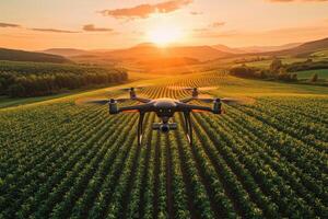 an AI powered drone flying over a field, capturing data on crop health photo