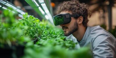 a greenhouse with smart hydroponic systems, a farmer inspecting crops using augmented reality glasses, clean and modern setting with blank right side for text photo