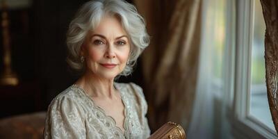 an older woman in an elegant evening gown, holding a clutch photo