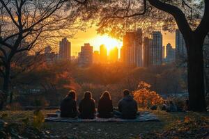friends having a picnic in a well maintained urban green space, with vibrant city skyscrapers visible in the distance photo
