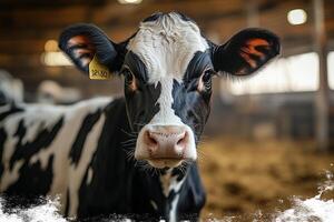 a cow wearing a health monitoring collar in a modern dairy farm, automated feeding system in the background, clean and bright setting photo