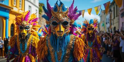 a Golowan parade, vibrant costumes and giant puppets marching through a decorated street, colorful flags overhead photo
