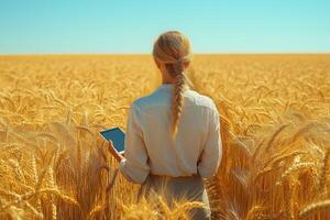 a modern farmer holding a tablet while standing in a wheat field photo