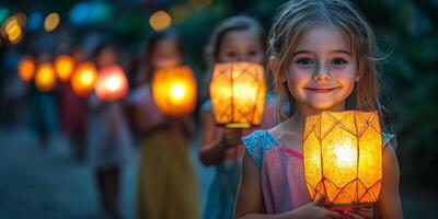 children carrying brightly colored handmade lanterns in a Golowan procession photo