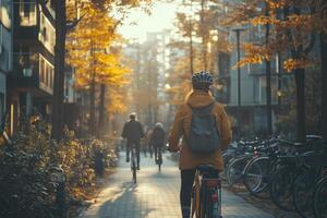 a bike sharing station in a lively urban area, people renting bicycles and riding along designated paths, surrounded by contemporary buildings and trees, warm natural light photo