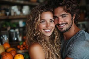 A delighted couple shares laughter while preparing breakfast, feeling carefree and blissful photo