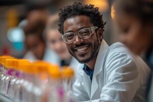 a teacher guiding students through a science experiment, lab coats and equipment on the table photo