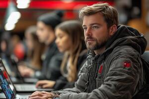 a teacher leading a coding workshop, students working on laptops in a sleek tech lab photo