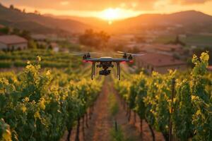 a drone hovering above a vineyard, monitoring growth with sensors, lush vines stretching into the distance, warm golden hour lighting photo