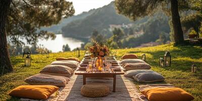 a picnic style wedding reception on a grassy hill, with blankets, cushions, and low wooden tables photo