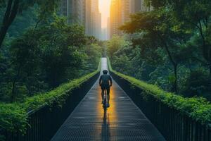 a cyclist entering an eco friendly urban bridge with a separate bike path photo