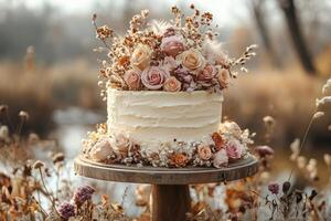 a boho wedding cake on a wooden stand, decorated with dried flowers and feathers, rustic natural setting in the background, soft diffused lighting photo