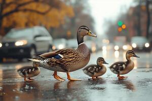 an environmental problem, wild birds in the city, a family of ducks crossing a busy street, with cars stopped and pedestrians watching photo