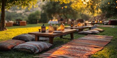 a picnic style wedding reception on a grassy hill, with blankets, cushions, and low wooden tables decorated with candles and flowers photo
