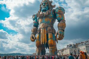 a giant parade figure towering over a crowd during the Festival of the Giants, colorful costumes and historical decorations photo