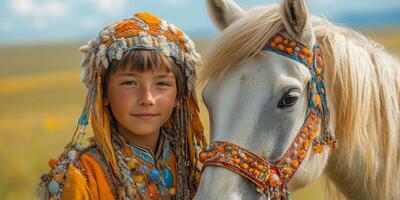 a young boy in traditional Naadam attire leading a decorated horse, a vast Mongolian plain stretching out to the right, bright sunlight creating an inviting atmosphere photo