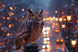 an owl perched on a streetlamp at night photo