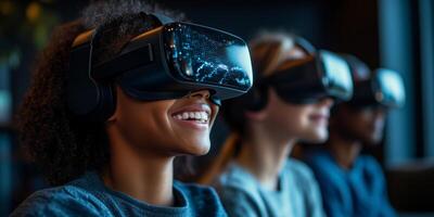a family wearing VR headsets in a living room, laughing and exploring a virtual world together, with a futuristic digital overlay photo