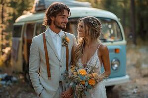 a groom in a linen suit and suspenders standing with a bride holding hands, with a vintage camper van in the background, decorated with boho style details photo