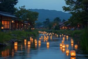 an illuminated river with floating lanterns during Obon, reflecting warm lights on the water photo