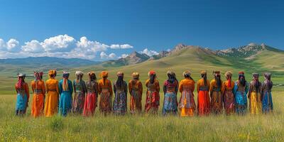 a group of Naadam participants preparing for events, colorful costumes and equipment displayed, traditional Mongolian landscape stretching to the right, allowing space for branding photo