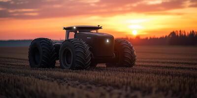 an autonomous tractor driving through a field during sunrise, planting crops with precision photo