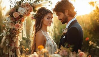 a boho style wedding ceremony in a rustic outdoor setting, with a wooden arch photo