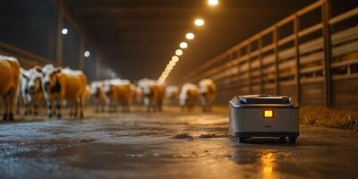 an automated cleaning robot moving through a robotic barn, cows grazing in the background, modern machinery visible photo