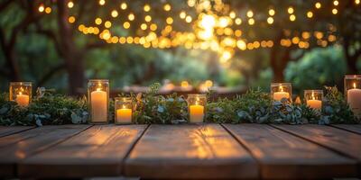 a rustic outdoor wedding reception, wooden tables decorated with greenery and candles, set under string lights in a lush garden, empty right side for copy space photo