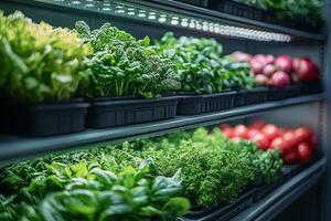 a spacious hydroponic farm with colorful leafy greens growing in stacked layers, LED lighting providing optimal growth conditions, clean and organized space photo