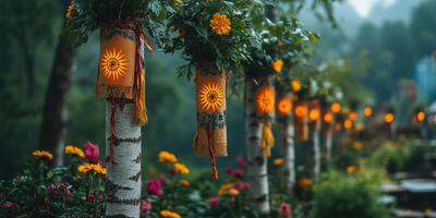 Ysyakh festival decorations, including birch trees tied with ribbons and symbolic sun patterns, vibrant greenery and copy space on the right side photo