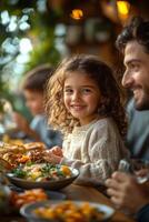 a multicultural family enjoying a meal together at home, diverse adults and children sharing traditional dishes from different cuisines, warm lighting creating a cozy atmosphere photo