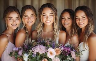 a group of bridesmaids in mismatched boho dresses, holding wildflower bouquets, standing in front of a rustic barn photo