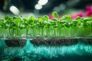 a close up of hydroponic roots growing in clear water, vibrant green plants above photo