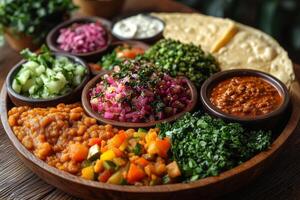 a traditional Ethiopian meal served on a large injera platter, topped with colorful wot and surrounded by small bowls of fresh salads photo