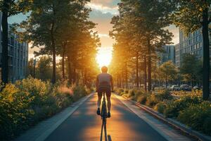 a cyclist riding along a bike lane with solar powered lighting and greenery on both sides, surrounded by modern urban infrastructure, clean and bright setting photo