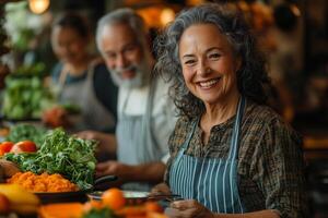 a group of elderly people participating in a cooking class, smiling and engaging as they prepare a meal, with colorful ingredients and warm indoor lighting photo