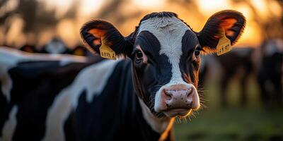 cows wearing health monitoring collars, standing in a modern robotic barn, ventilation fans and smart equipment visible, right side empty for text photo