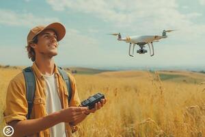 a young farmer launching a drone from their hand in an open field, using a remote control photo
