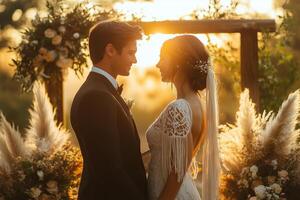 a boho style wedding ceremony in a rustic outdoor setting, with a wooden arch decorated with macrame, pampas grass, and fresh flowers, couple exchanging vows under warm golden sunlight photo