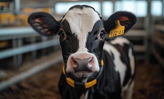 a cow wearing a health monitoring collar in a modern dairy farm photo