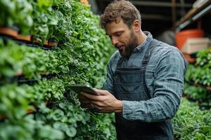a farmer using a tablet to monitor crops in a modern greenhouse, surrounded by rows of vertical hydroponic plants photo